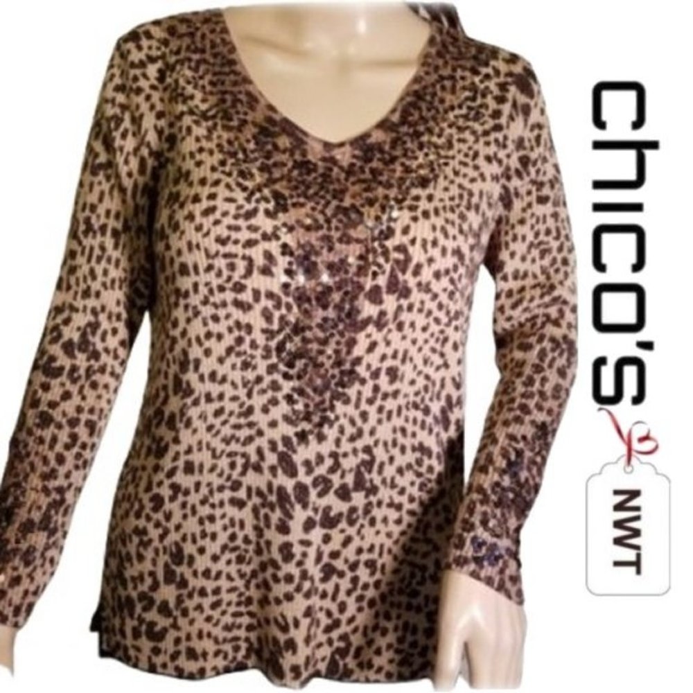 🆕 Chico's Size 1 (M) Sequined Animal Print Sweater